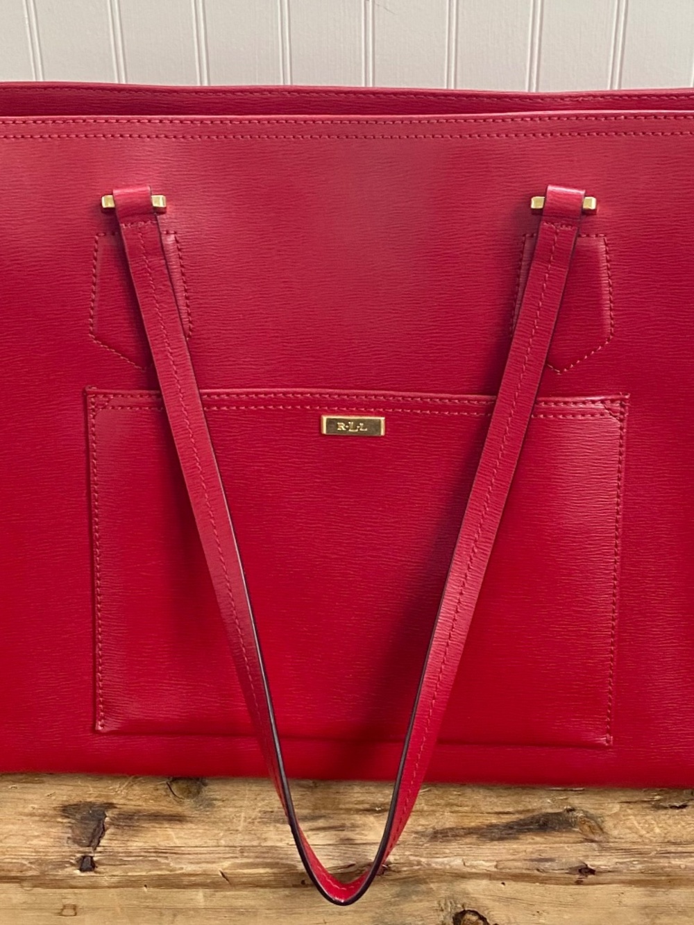 Ralph Lauren Red Bag. Structured Shoulder Purse. Two Handles. Compartments.